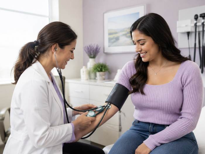 Nurse practitioner checking a patient's blood pressure during a direct primary care visit