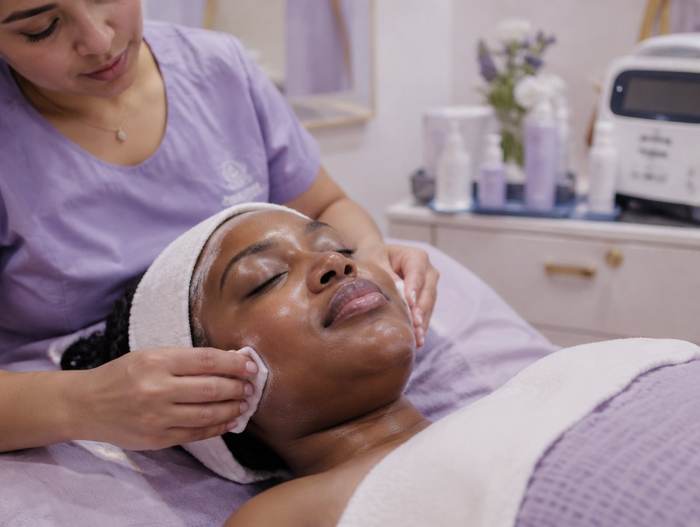 Esthetician performing a facial treatment on a client